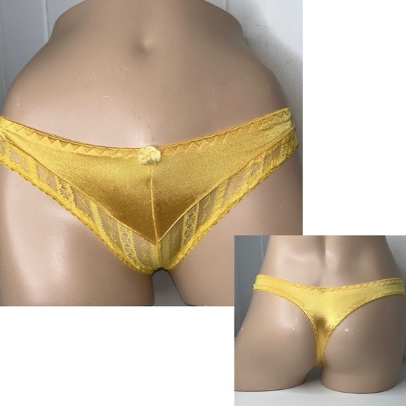 IZA Silky Glossy Liquid Satin‎ & Lace Low Rise Yellow Thong Panties Sz s NEW - Picture 1 of 15
